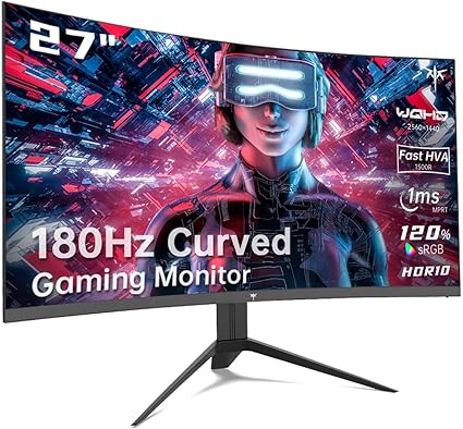 27 inch Gaming Monitor, 1440P Curved Monitor, 180Hz, 144Hz, 2K, 1500R, 1ms, FreeSync Premium/G-Sync,