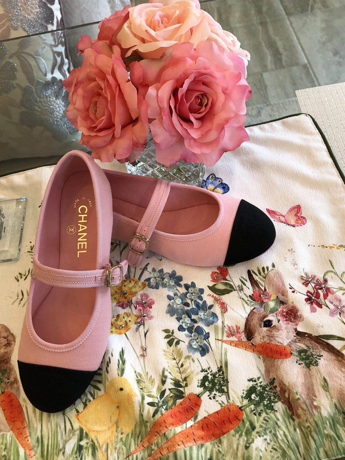 New 25S Chanel Black & Pink Canvas Mary Janes Flats CC Logo 38, 8