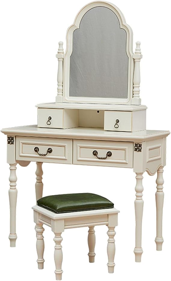 Vanity Desk with Large Mirror, Vanity Mirror and Table Set with 4 Drawers, Luxury European Style Van