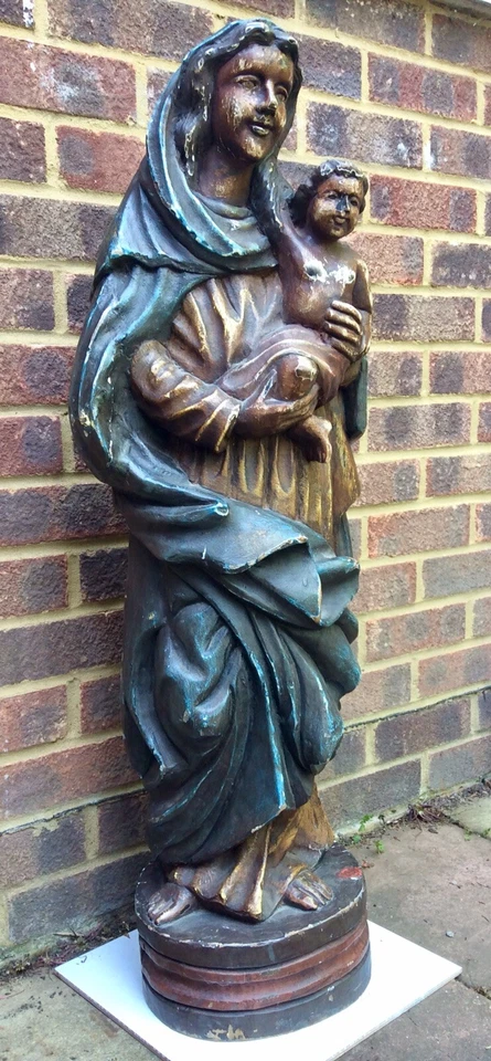 Very Large 17th C. Carved Wood and Polychromatic Madonna & Child